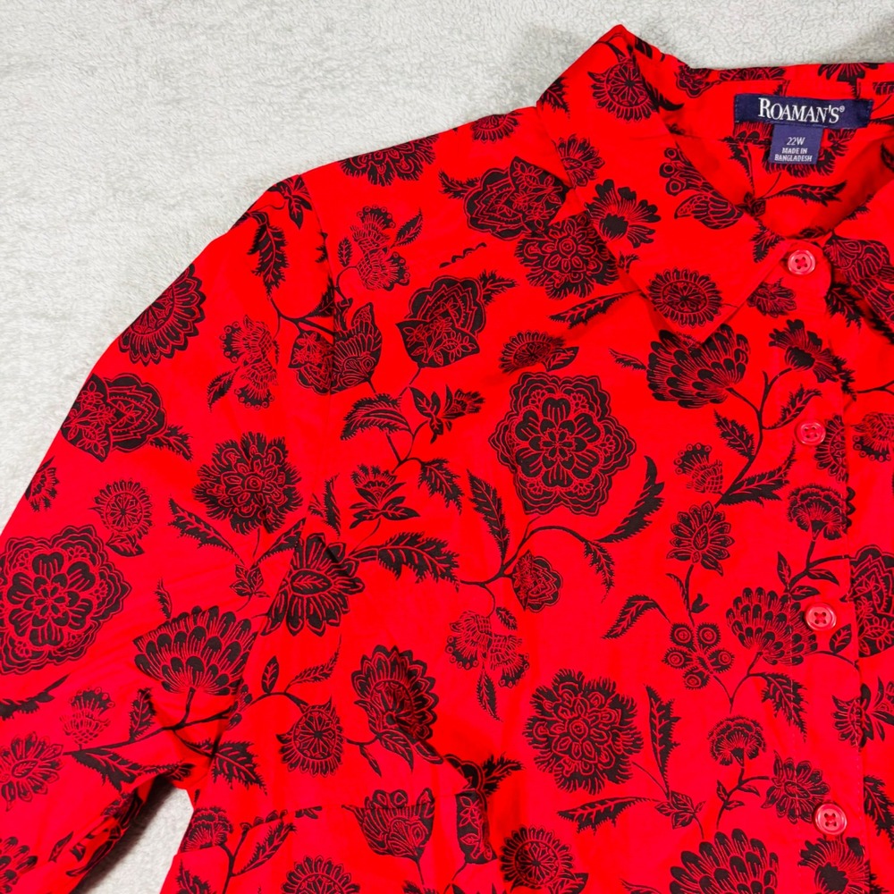 Roaman's Button Down Shirt Womens 22W Red Black Floral Long Sleeve Cotton Blend - Picture 8 of 14